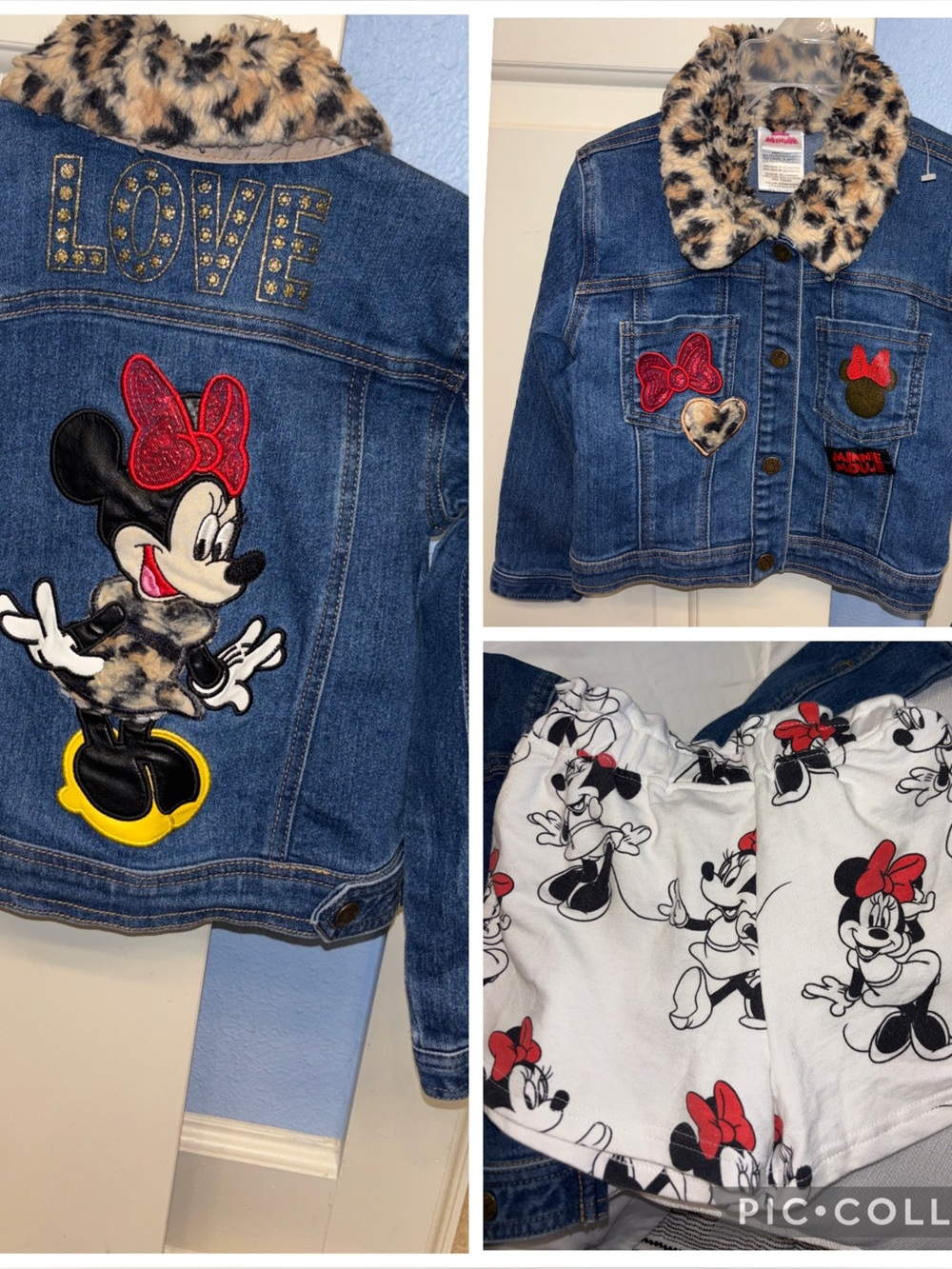 Disney Blue Denim Jacket  Faux Leopard Collar Patches embroidered 5 5/6 shorts